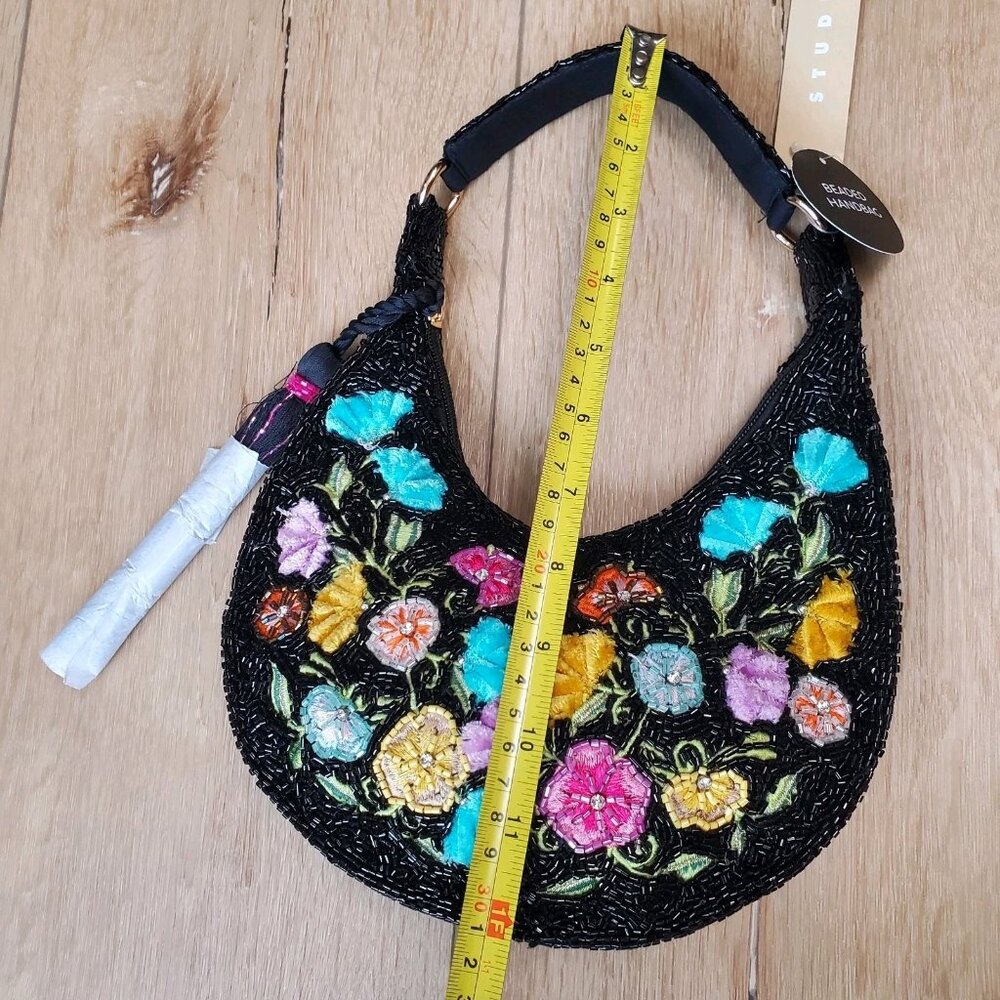 Made In India Floral Beaded Embellished Shoulder Bag Black Multi NWT Viral Boho - Picture 12 of 16